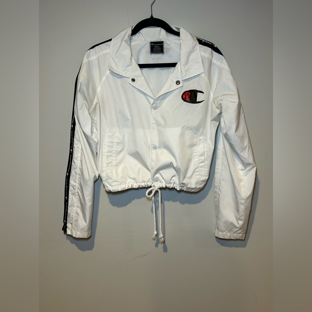 Champion White Windbreaker Jacket Small Women’s Logo Tape Cropped - Picture 2 of 13